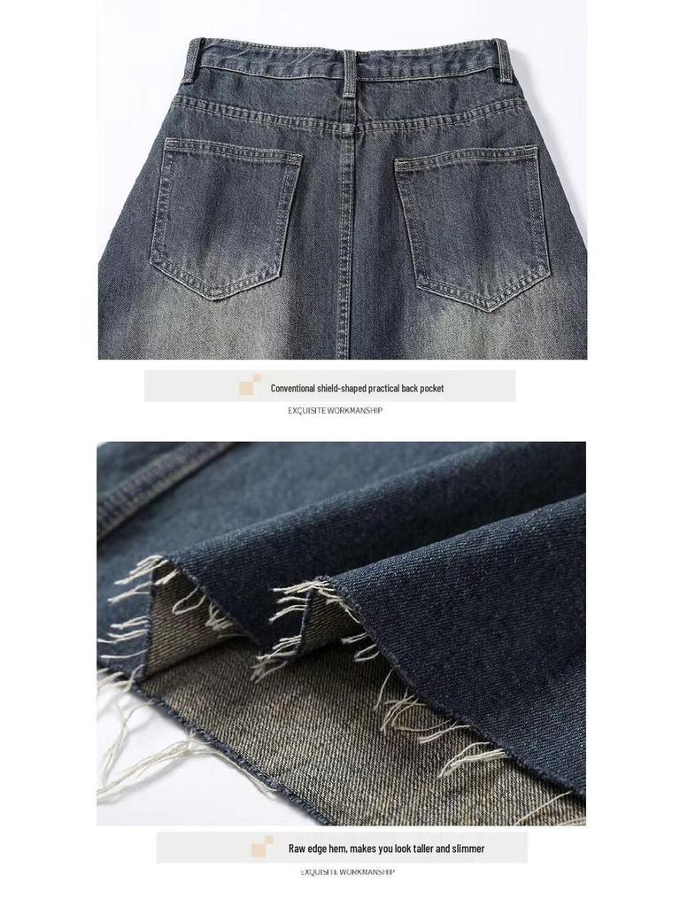 2407 Damen A-Linien-Rock aus distressed gewaschenem Denim - Retro Slim Long Fit für Frühling und Herbst