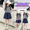 Girls' summer outfit set 2026 new stylish children's summer striped vest, girls' casual pleated skirt two-piece set