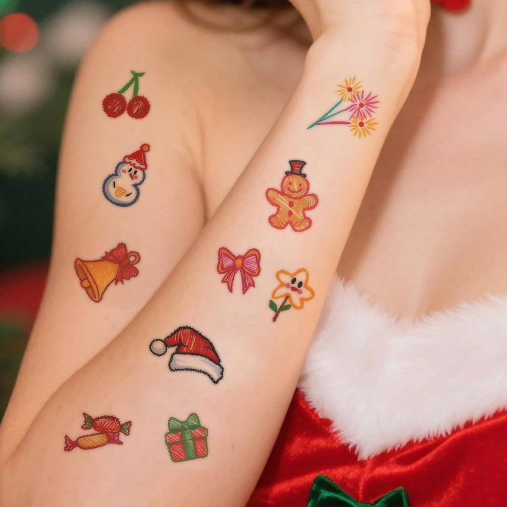 Crayon-Style Christmas Cartoon Tattoo Sticker Waterproof And Long-Lasting Women'S Arm Childlike Simulation Tattoo