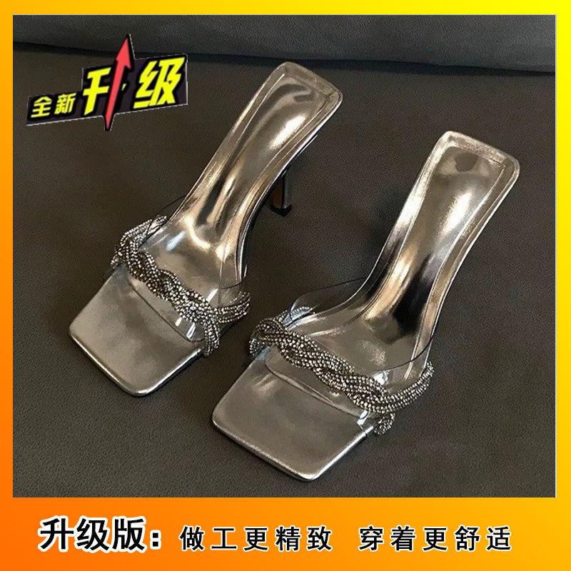 

Internet celebrity French rhinestone thin heel square toe high heels silver slippers women s summer 2025 new explosion 40
