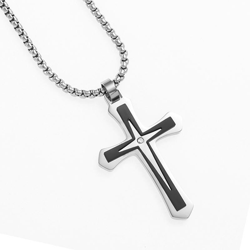 New Style Stainless Steel Two Color Cross Inlaid Zircon Pendant Necklace for Men and Women