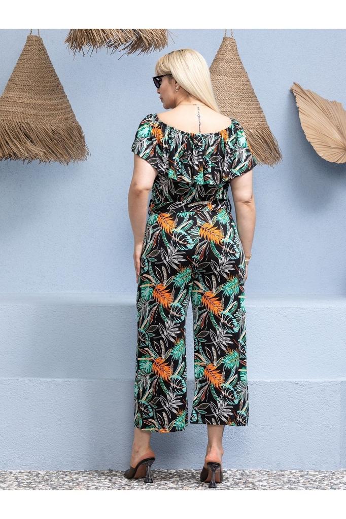 Women's Style Big Size Overalls Plus Size Gathered Madonna Collar Belted Flexible Viscose Jumpsuit