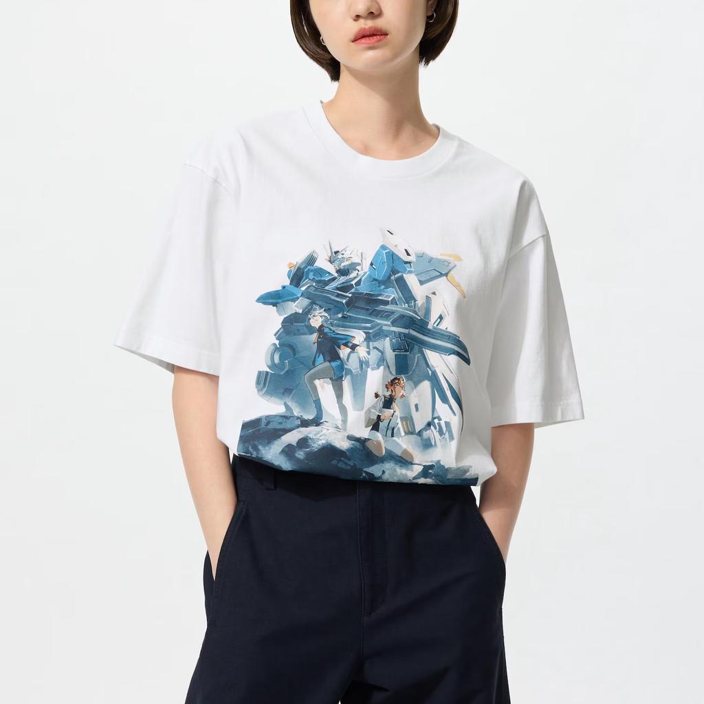 Uniqlo X Mobile Suit Gundam 45th Anniversary Collaboration SS25 Robot Pattern Letter Print Loose Fit Crew Neck Short Sleeve T-Shirt 474437-00