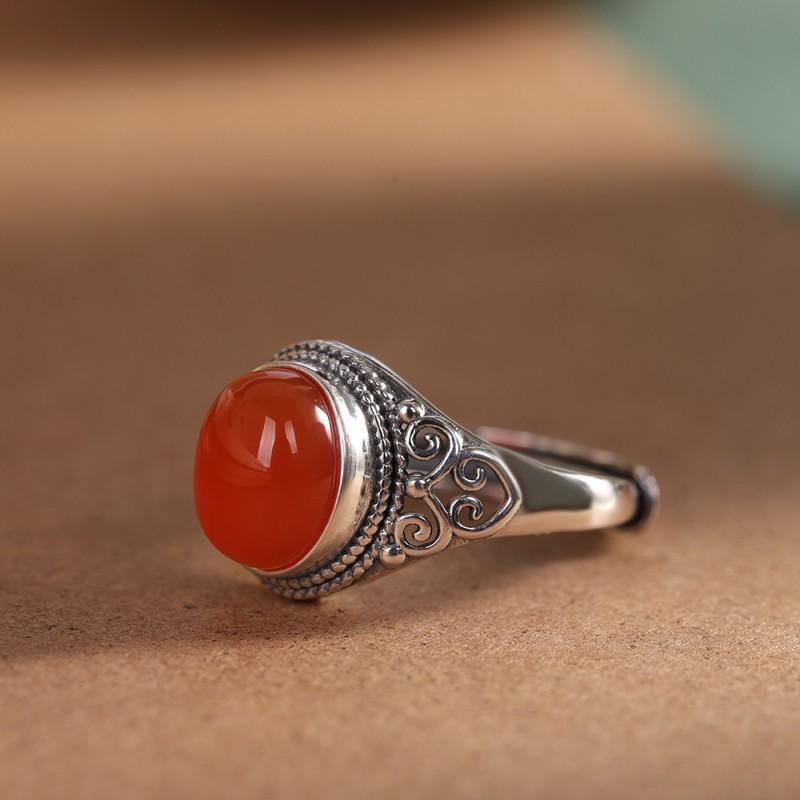 Adjustable Open Ring With Red Agate Geometric Heart Design Vintage Boho Style Copper Jewelry Women Men
