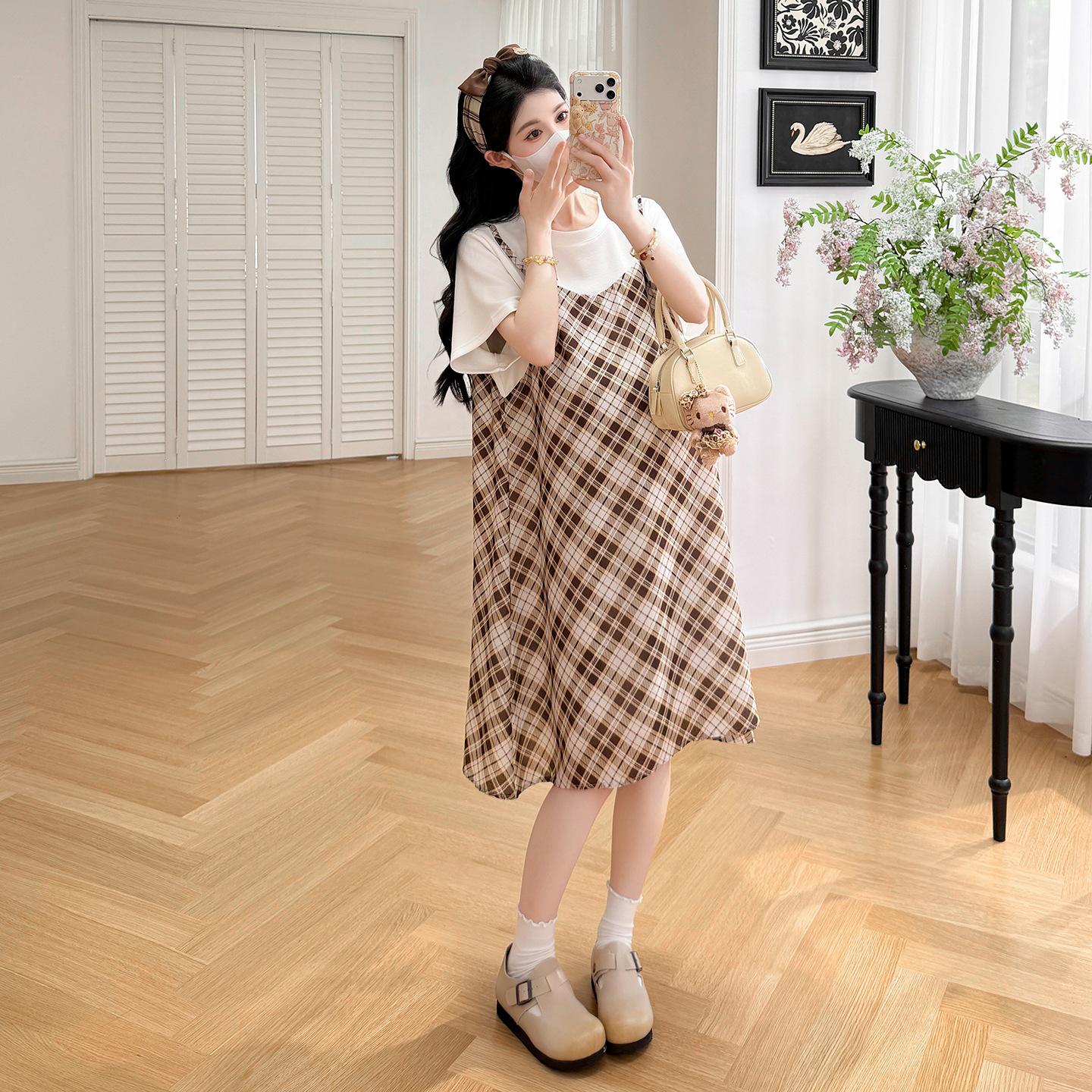 2026 Summer Plaid Spliced Maternity Dress: Lightweight and Stylish Two-Piece Look XL