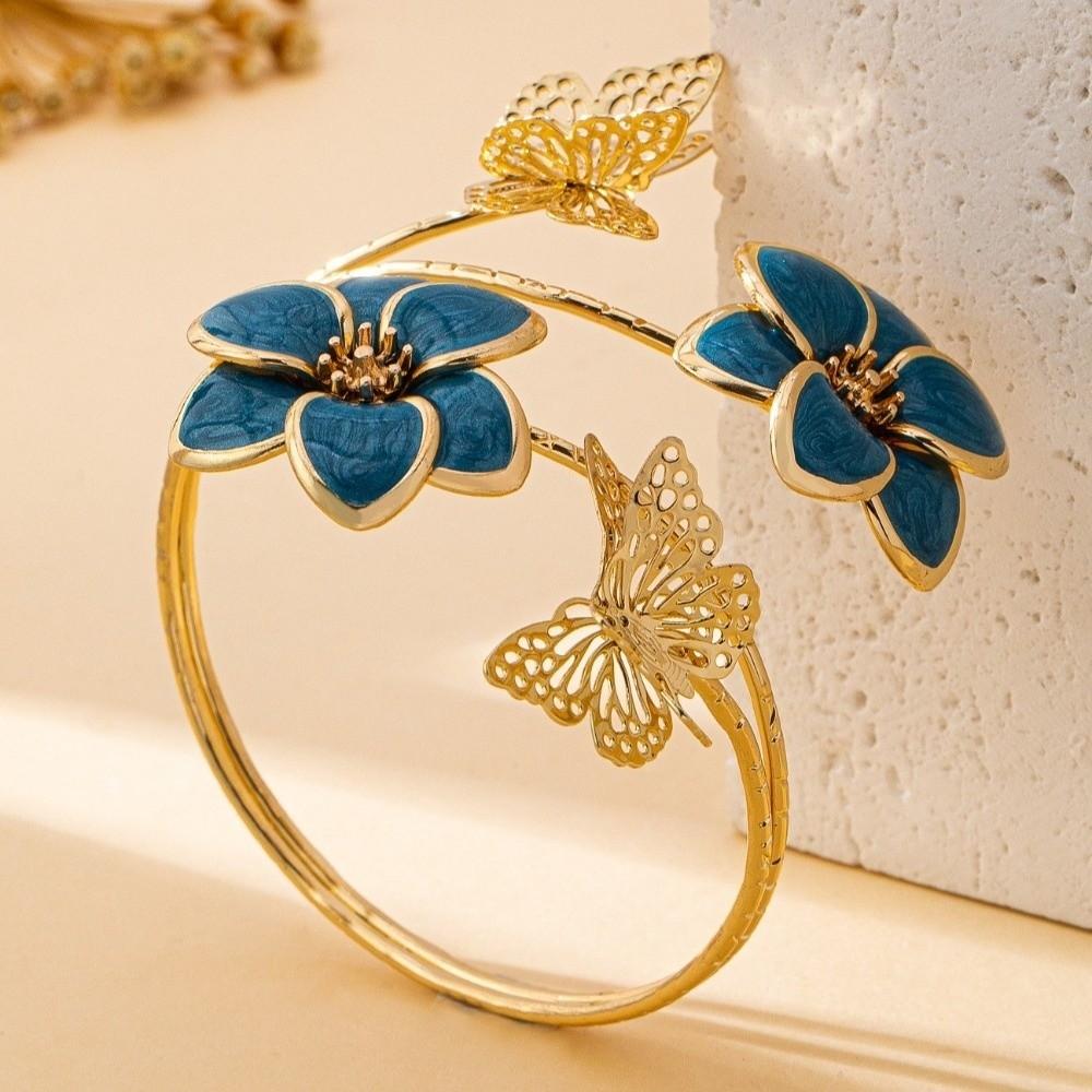 Artistic Drip Oil Flower Arm Ring Vintage Butterfly Open Bangle  Fashion Accessory