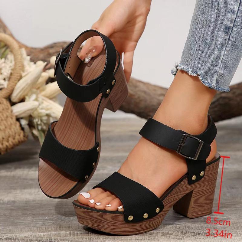 New thick-soled water table thick-heeled high-heeled sandals women's often one-word buckle with rivets fashion women's sandals