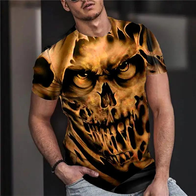 Summer Round Neck 3D Vintage Horror Skull Print Top Fashionable Casual Short Sleeved Men's T-shirts