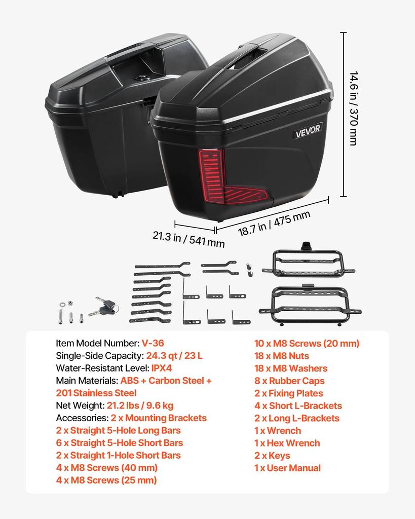 VEVOR Motorcycle Side Case 46L (23L*2) Universal ABS Motorcycle Saddle Case