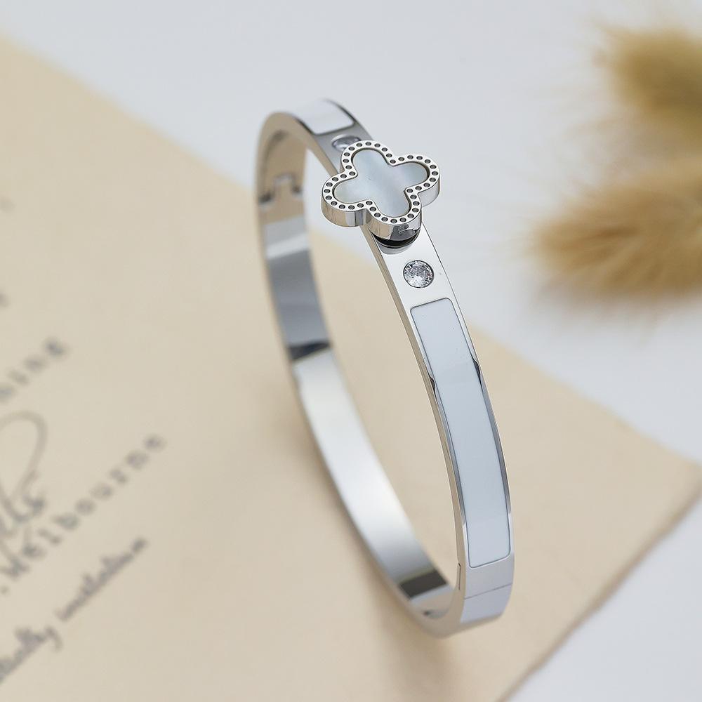 Modisches Zirkon-Armband für Damen, Hochwertiges Emaille-Klebe-Vierblattklee-Armband gray