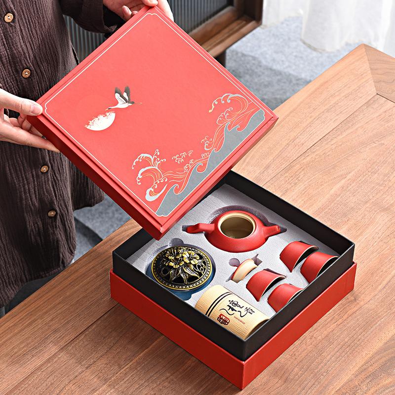 Black Pottery Kung Fu Tea Set Coarse Pottery Tea Set Company Gift Set One Pot and Four Cups with Fragrant Gift