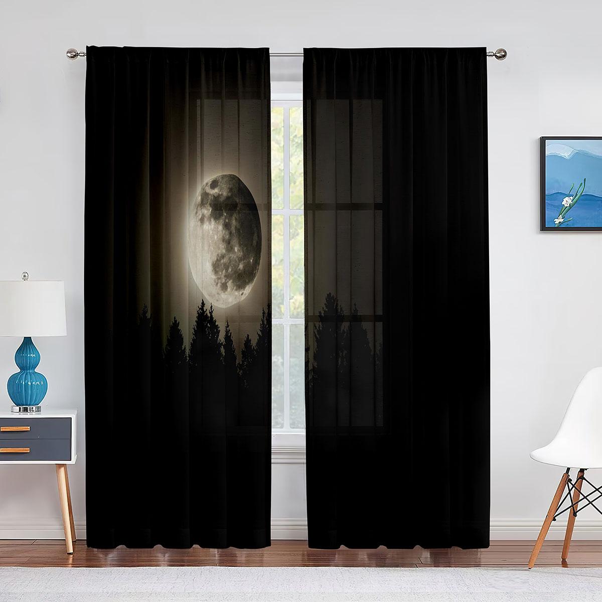 

Тюлевые шторы с полной луной, фантазией, звездным небом, ночной сценой, для гостиной, спальни, кухни, декор, прозрачная вуаль, занавески из органзы 1 PCS W400XH250cm&Rod Pocket