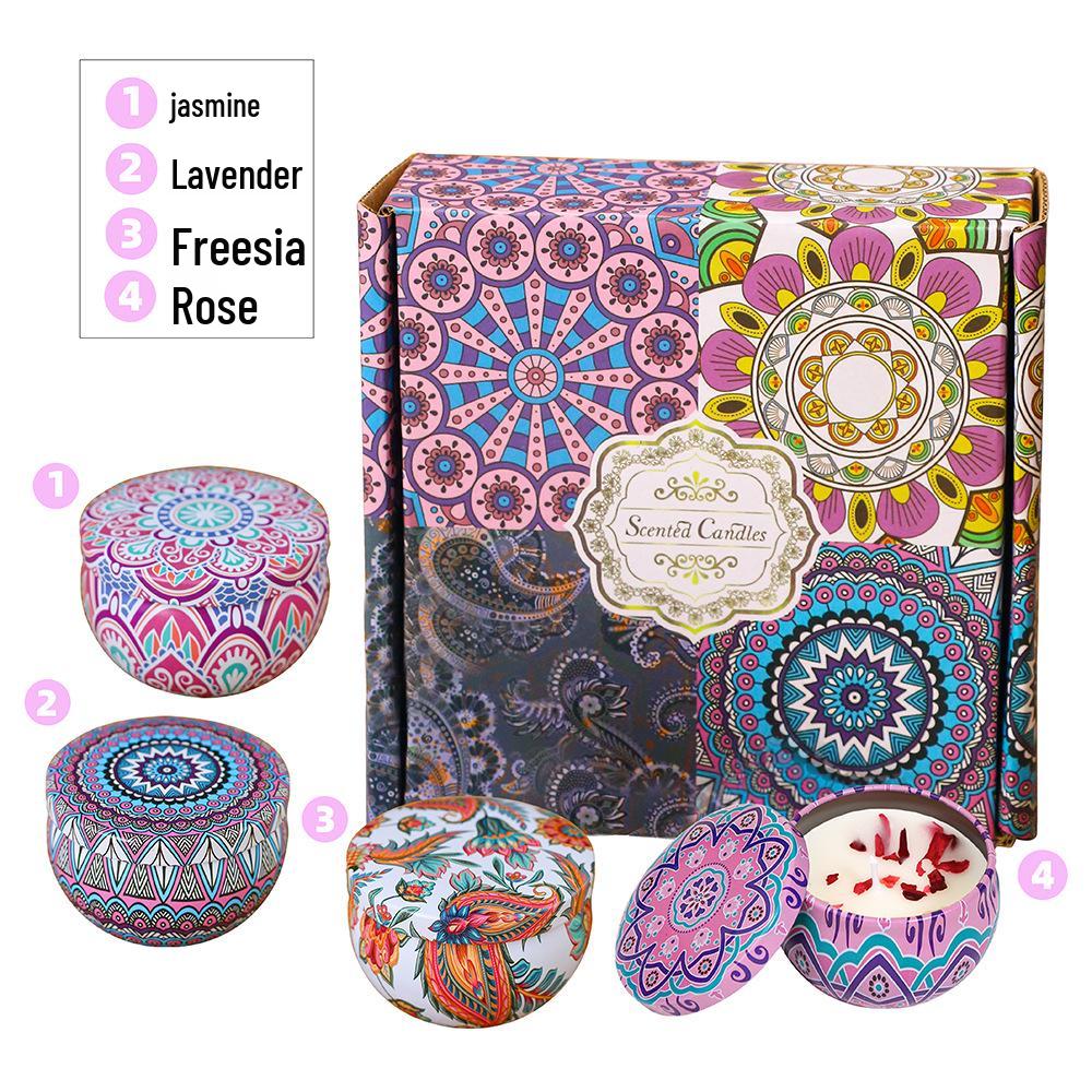 Ethnic Style Aromatherapy Candle Gift Set with Tinplate Dried Flowers