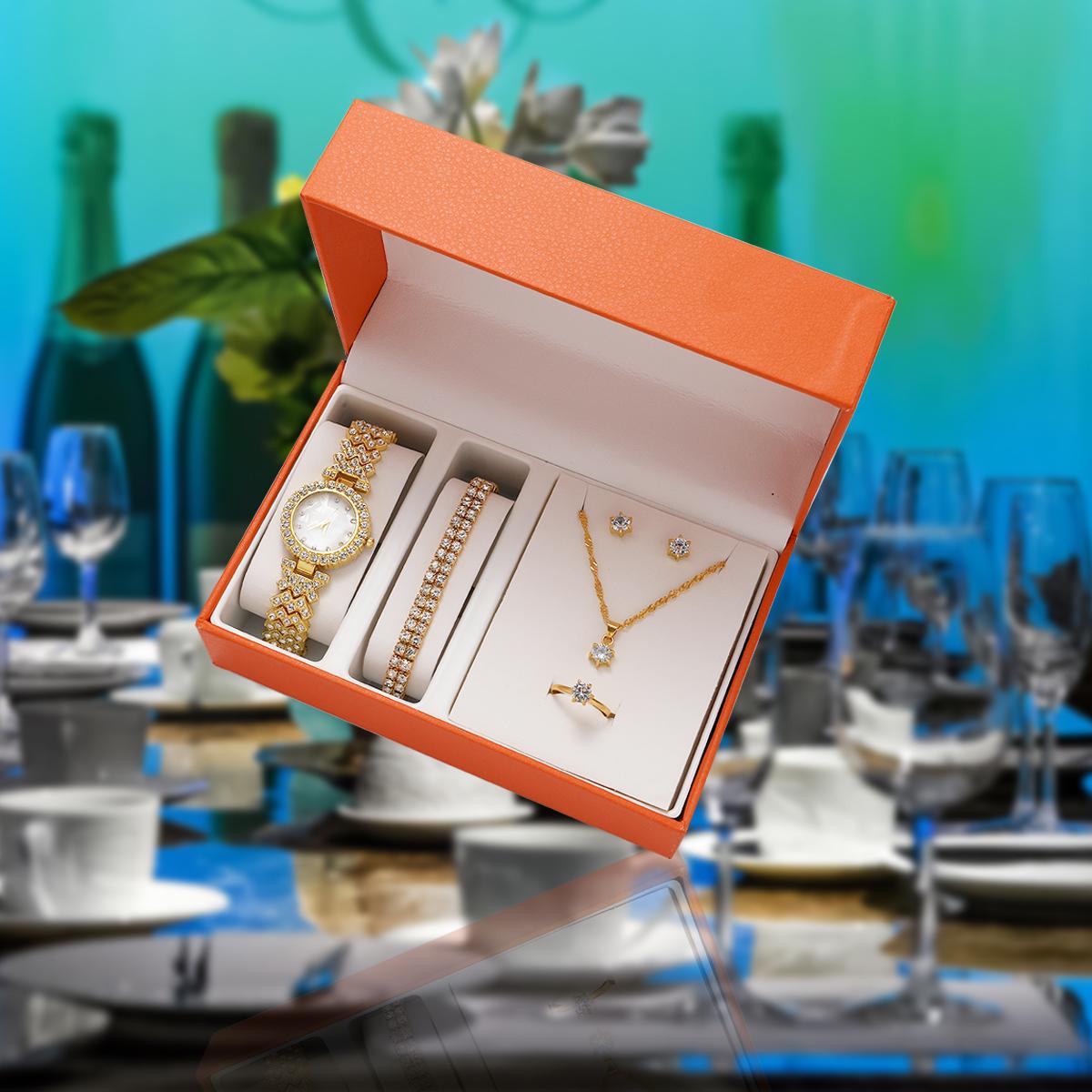 

Luxury diamond inlaid mother of pearl face small dial niche rhinestone watch with accessories five piece set with gift box золотой