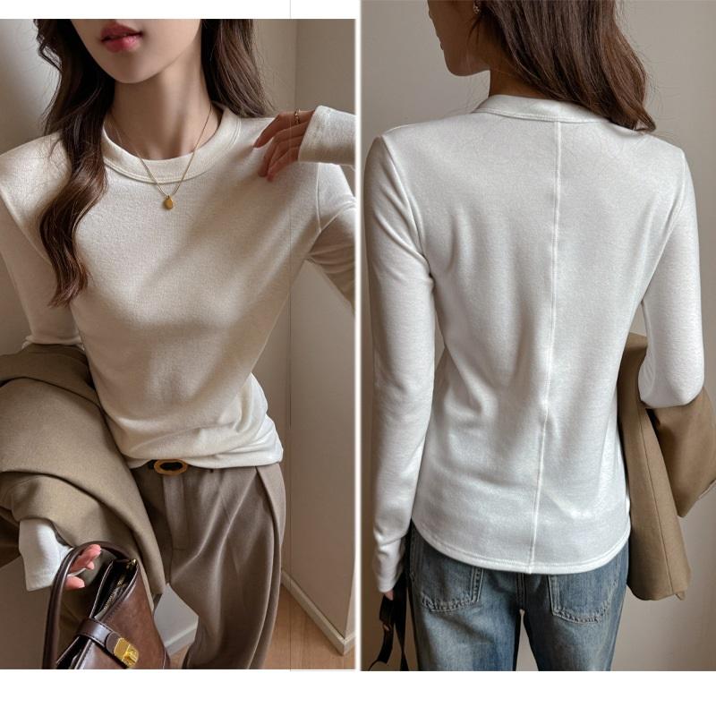 Women's Autumn And Winter Solid Color T Shirt With Brushed Long Sleeved Base Underneath