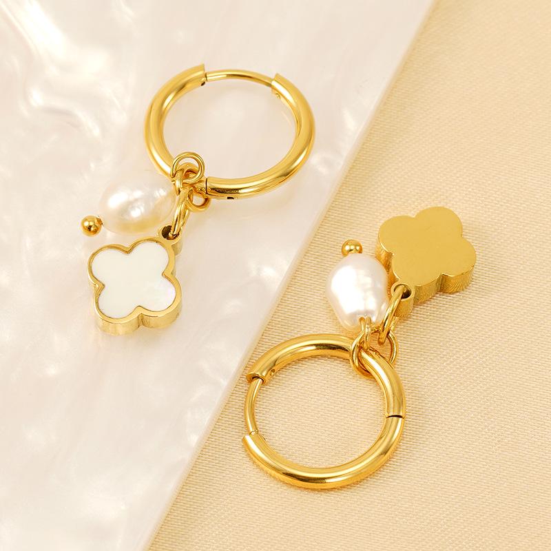 18K Gold-Plated Stainless Steel Clover Pearl Earrings - European & American Fashion for Women