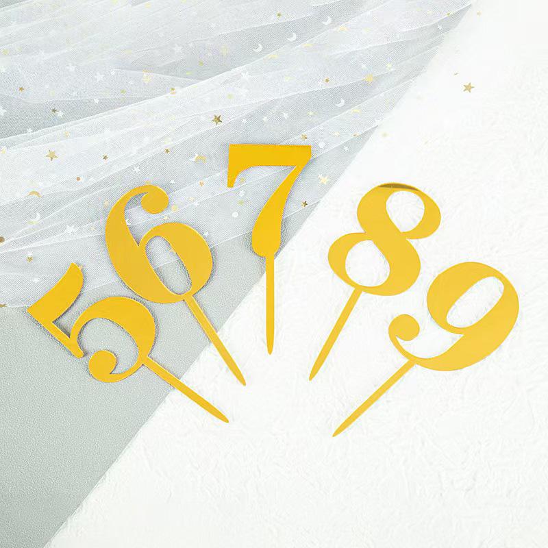 Number 0 To 9 Happy Birthday Cake Topper Decoration Gold Acrylic Cake Flag For Anniversary Wedding Party Cake Topper Baby Shower