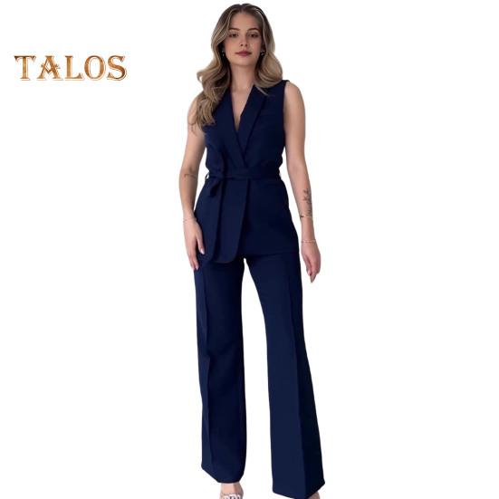 2 Teile/satz Frauen Mantel Hosen Set V-ausschnitt Schnürung Schlanke Taille Mittlere Länge Strickjacke Ärmellose Jacke Breites Bein Hohe Taille Gerade Hose Dame Formale