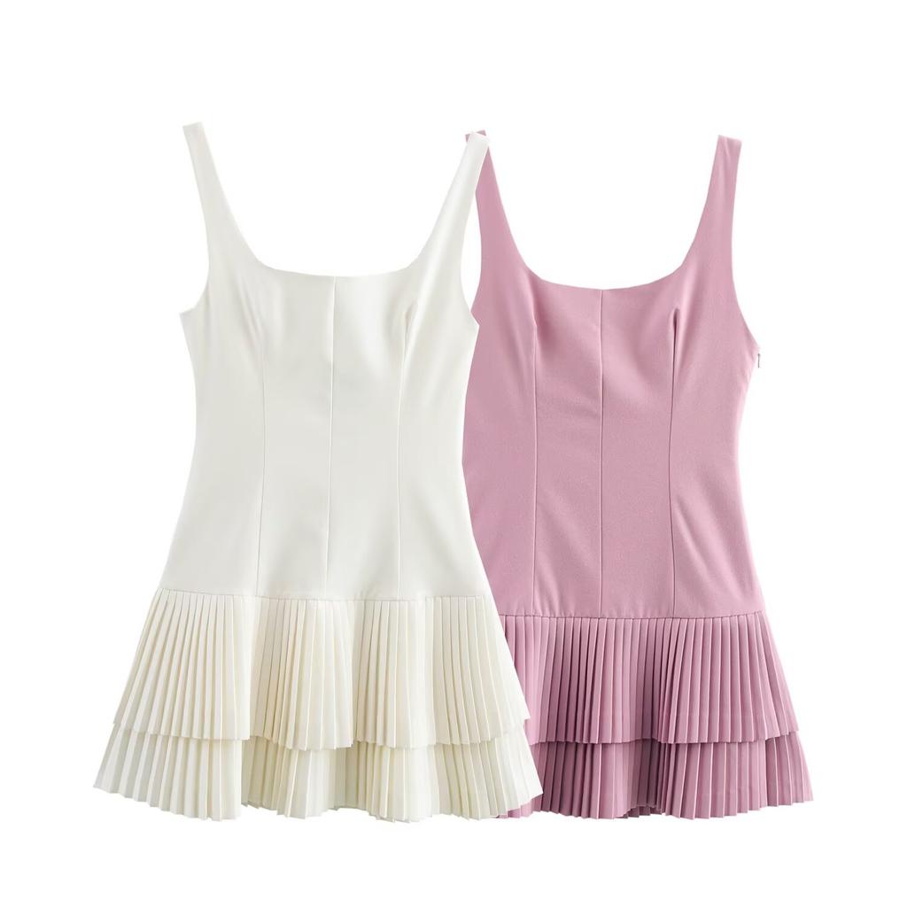 LYRIA Women Fashion Square Collar Sleeveless Solid Mini Dress Female Summer Pleated Dress Chic High Street Slim Short Dress