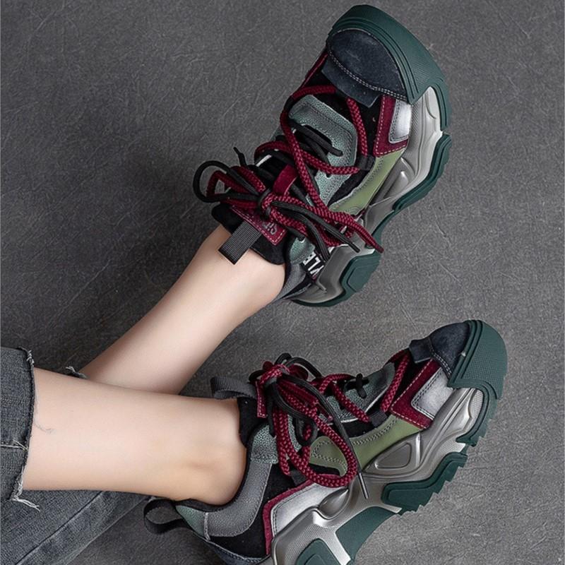 Johnature Casual Flat Shoes Women Sneakers Genuine Leather Mixed Colors Retro Comfortable Thick Sole Platform Sneakers