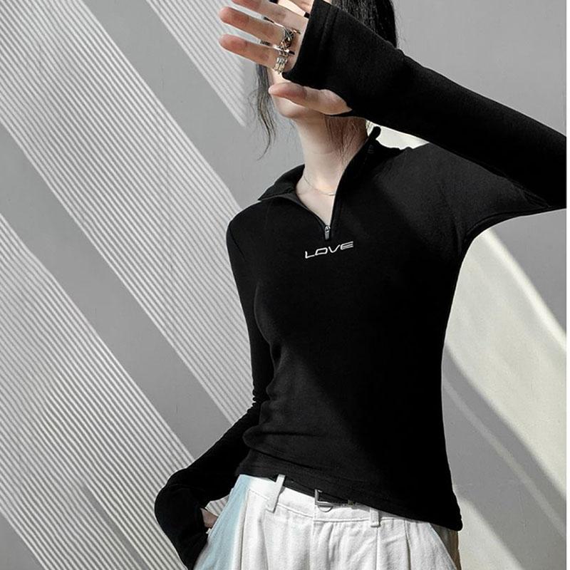 Women's Long-Sleeve T-Shirt Fall Sexy Slim Fit Stand Collar Zipper Double-Sided Fleece Base Shirt