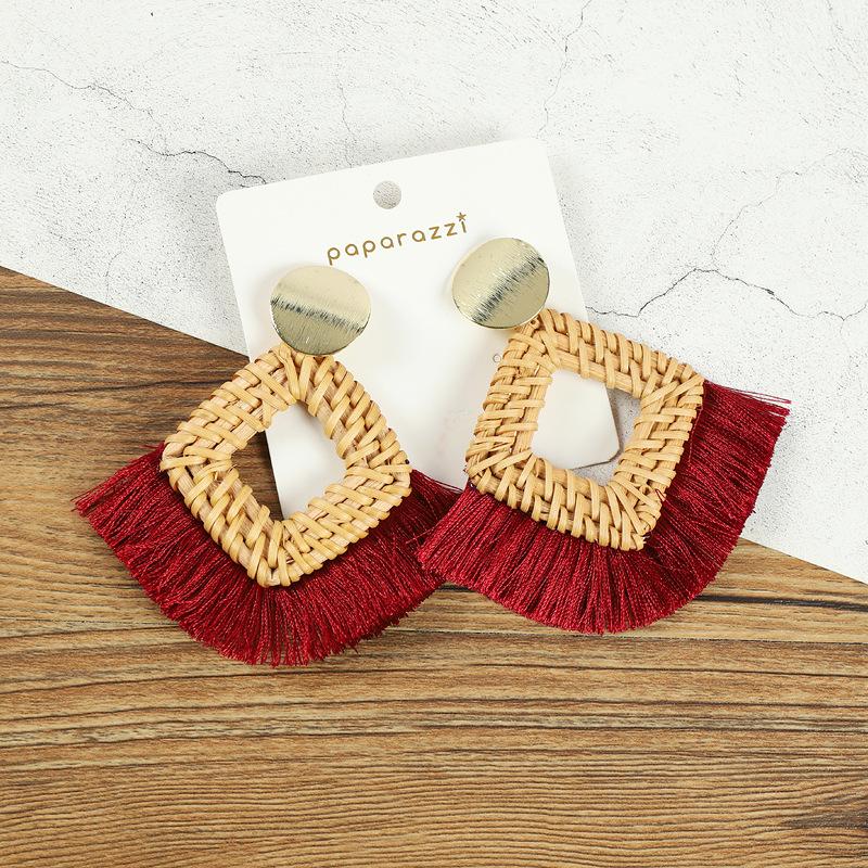 Holiday Style Handmade Grass Rattan Woven Earrings Retro Fringed Simple Stud Earrings Temperament Versatile Women's Earrings