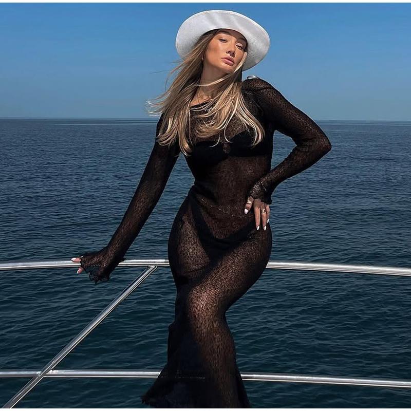 Sommarstickad Utskuren Lång Klänning Rygglös Genomskinlig Lång Flare Ärm Semester Strand Maxi Klänningar 2025 Ny Dam Slim Cover Up