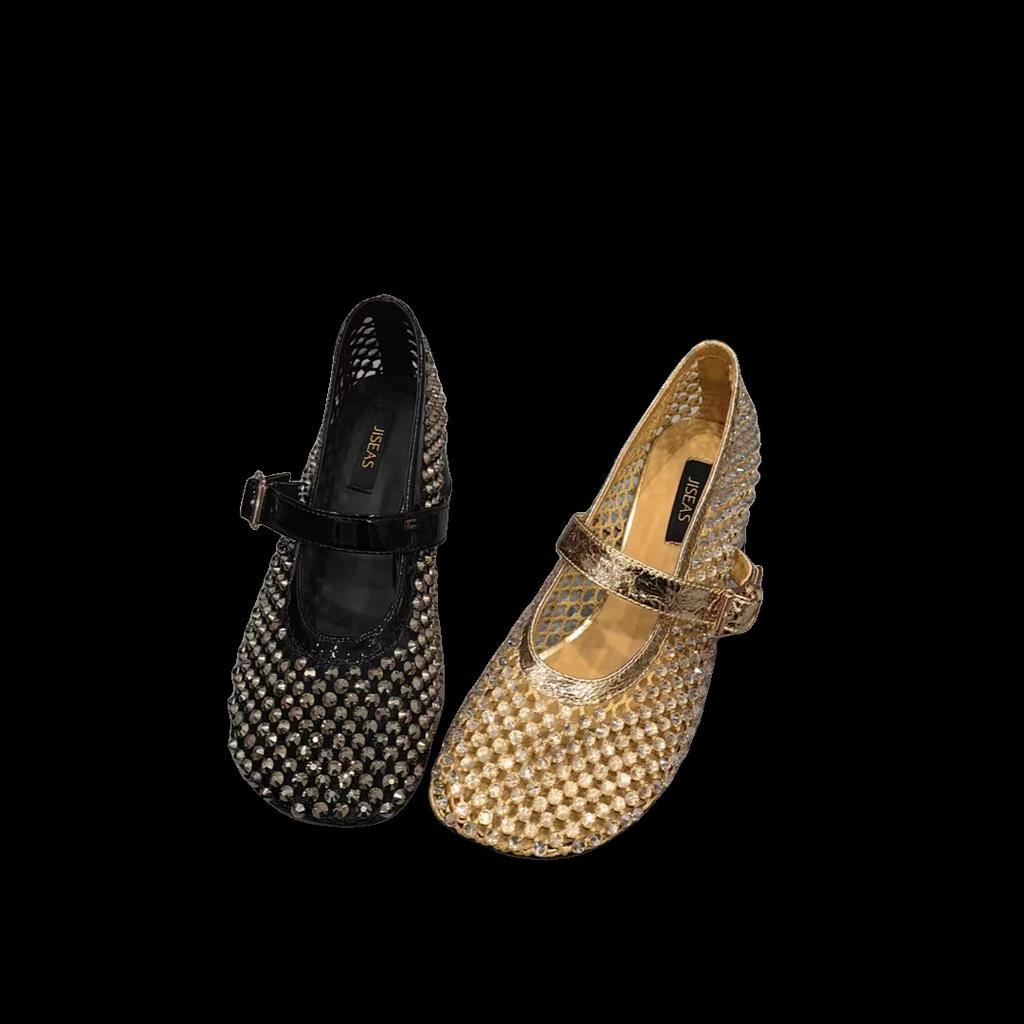 Europäische Station Atmungsaktives Mesh Strass Französisch 2025 Frühling und Sommer Ein-Wort Schnalle Gürtel Mode Einzelne Schuhe Mary Jane Flacher Ausschnitt