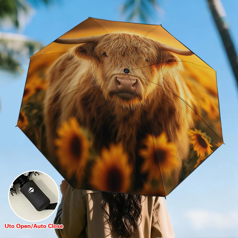

1pc Elegant Cow Among Sunflowers Print Umbrella | Automatic Open/Close, Folding Compact Travel Parasol, 8-Rib Durable Design, (as the picture,Iron&8K)