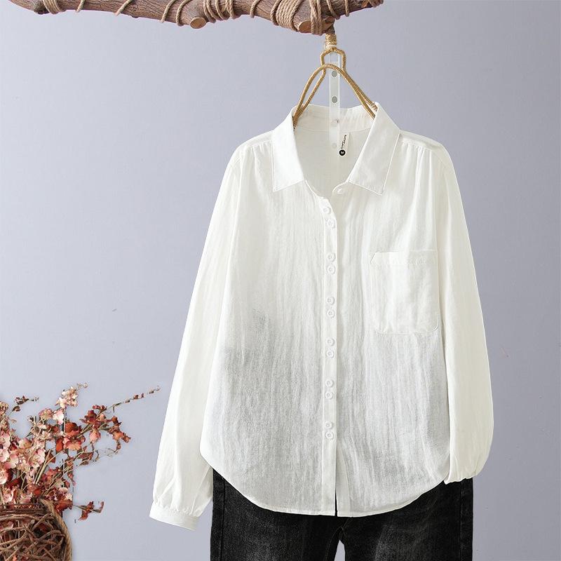 Pure cotton double-layer cotton yarn long-sleeved women's shirt, new loose casual style simple design lapel shirt top