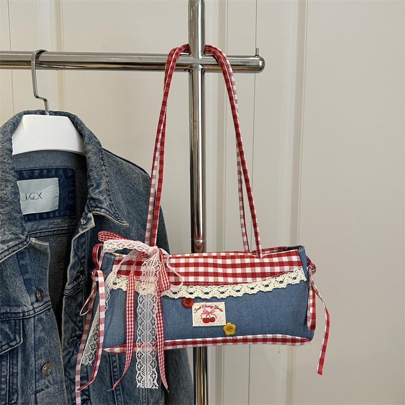 Street Style Small Crossbody Bag With Denim Red Plaid Pattern For Daily Use