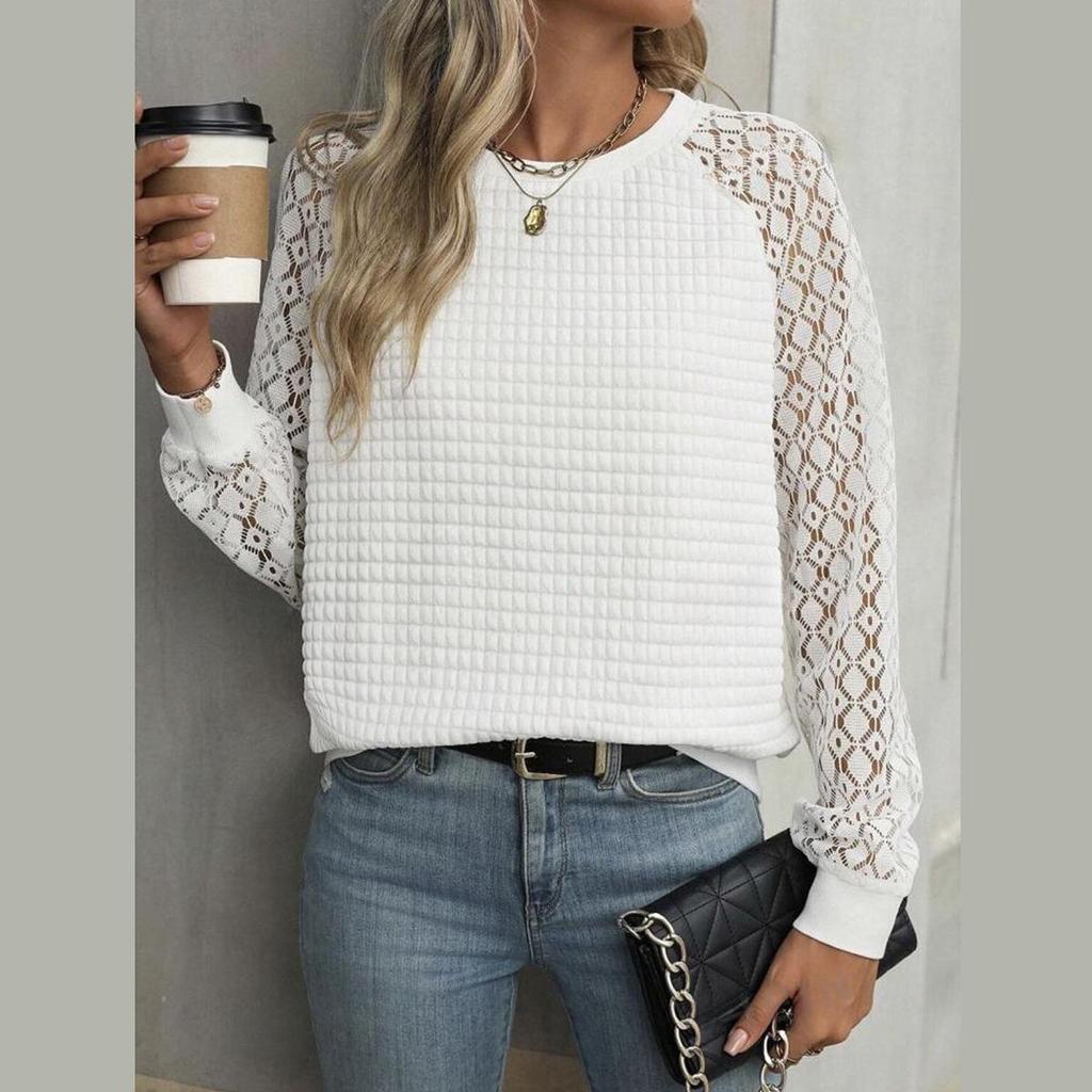 Women's Sweatshirt Solid Color Loose Rhombus Top Stitching Lace Sleeves Casual Pullover
