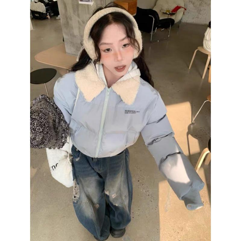 

Ретро лацкан меховой воротник из овечьей шерсти пуховик хлопковая одежда женская короткая новая зимняя теплая короткая хлопковая одежда XL синий