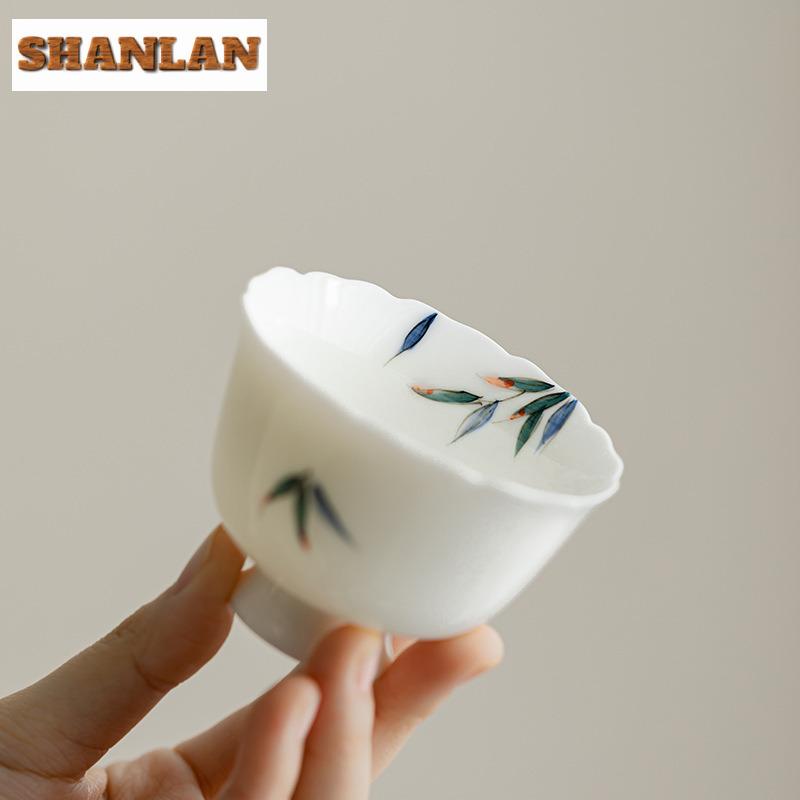 2pc/lot Hand Drawn Evergreen Bamboo High Foot Teacup Vintage Tea Bowl Beautiful Tea Cup Personal Cup Chazhan Master Cups 70ml