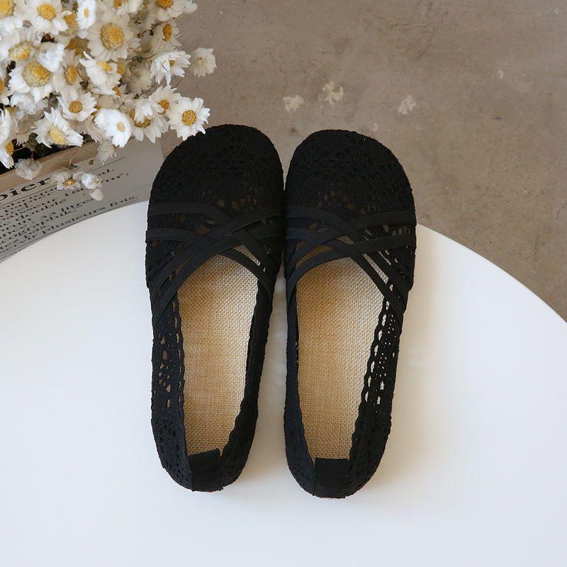 Fashion Elegant Woman Shoe Summer Air Mesh Flats Women's Breathable Mary Jane Shoes Ladies Ankle Strappy Ballet Shoes Cutout Lace Loafer