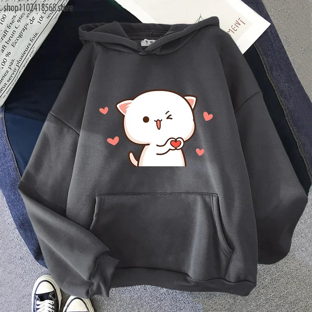 Women Hoodies Kawaii Peach Cat Cartoon Print Sweatshirt Mochi Heart Love Winter Cartoon Sudadera Clothing