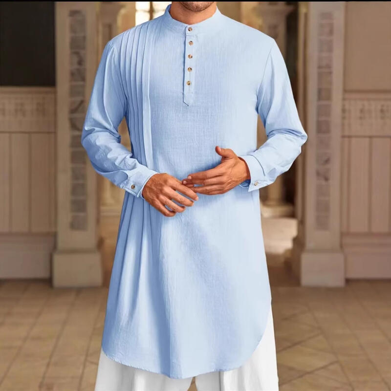 Men's Muslim Dress Long-Sleeved Clothing Cotton Pullover Kaftan Robe Men Pakistan Muslim Robe Saudi Arab Caftan Islamic Top