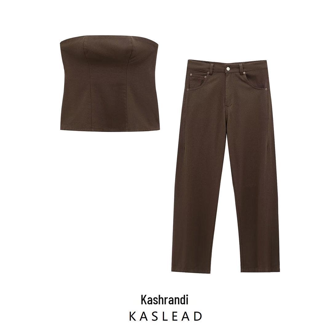 

Spring 2025 Women s European & American Style Denim Bandeau Top with Long Pants M