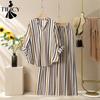 Women's Fashion Casual Spring Autumn Stripe Print Long Sleeve V-Neck Trousers Pants Suits