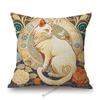 Black White Cat Nouveau Art Floral Background Mucha Style Retro Cotton Linen Sofa Throw Pillow Case Home Decor Cushion Cover