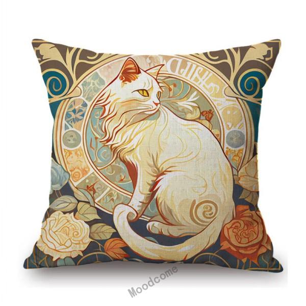 Black White Cat Nouveau Art Floral Background Mucha Style Retro Cotton Linen Sofa Throw Pillow Case Home Decor Cushion Cover
