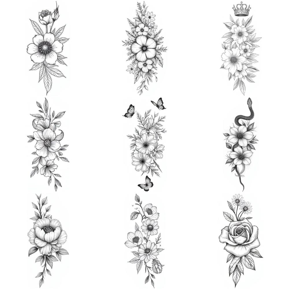 9pcs Temporary Tattoo Waterproof Long-lasting Body Stickers Floral Design Artistic Flowers Floral Illustration For Back Thighs