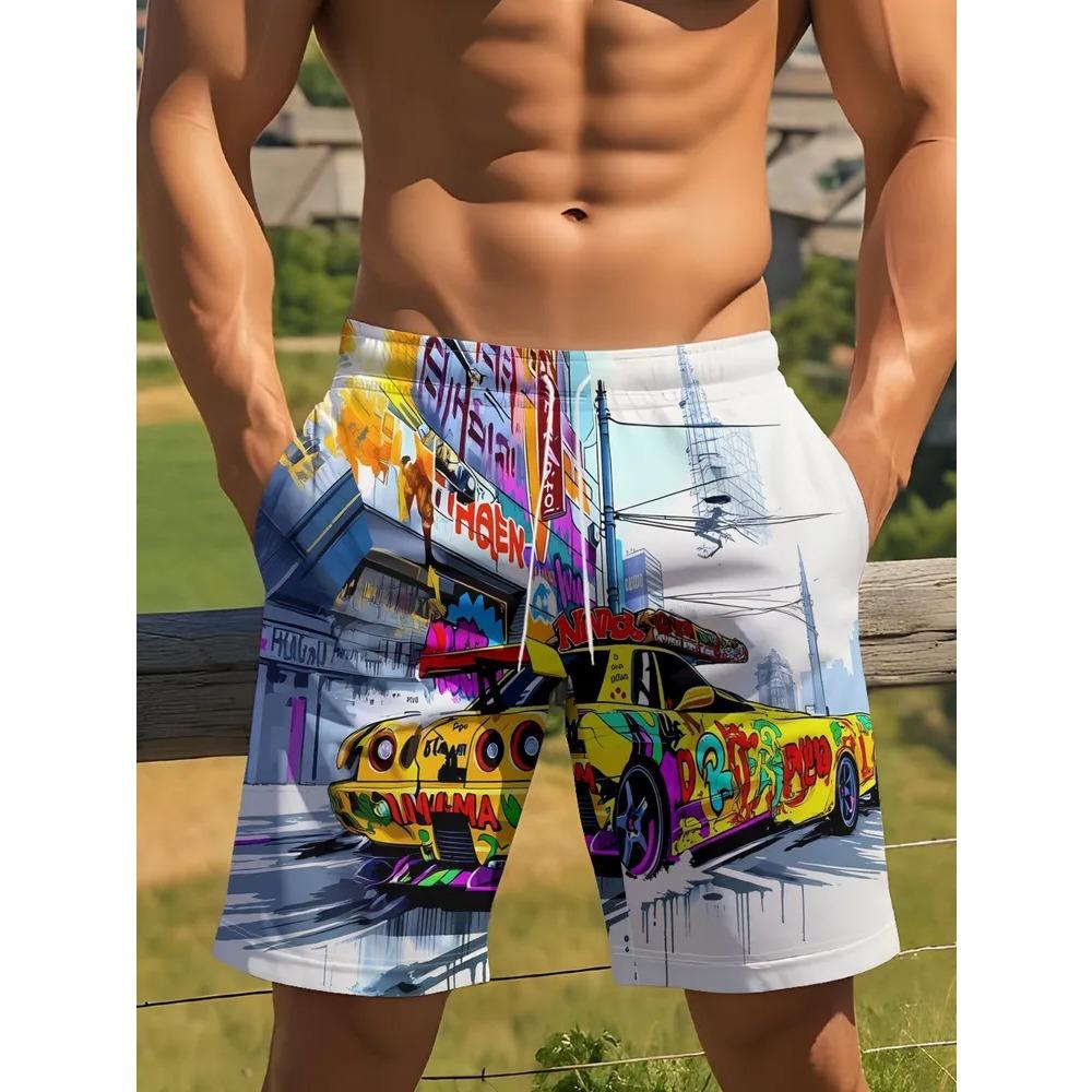 Men's Essential Casual Shorts Outdoor Wear Creative Car Colorful 3D Printed Shorts Loose Casual Plus Breathable Cool Summer Versatile Shorts