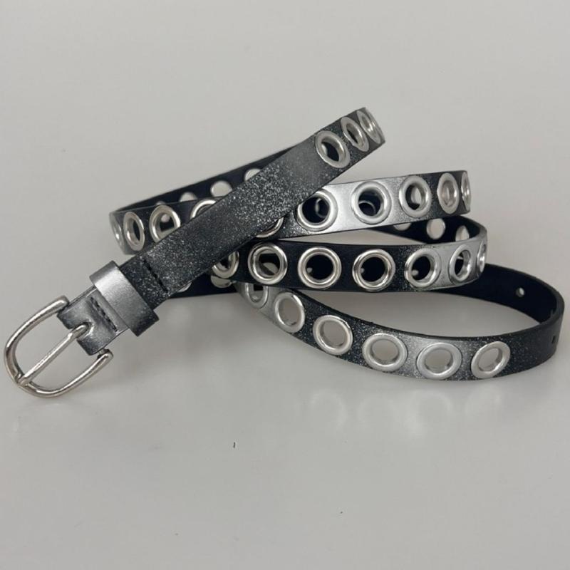 Punk Large Eyelet Waist Belt Fashionable Gradient Silver Gray Waistband for Women Party Wear Extra Long Slim Design Belt