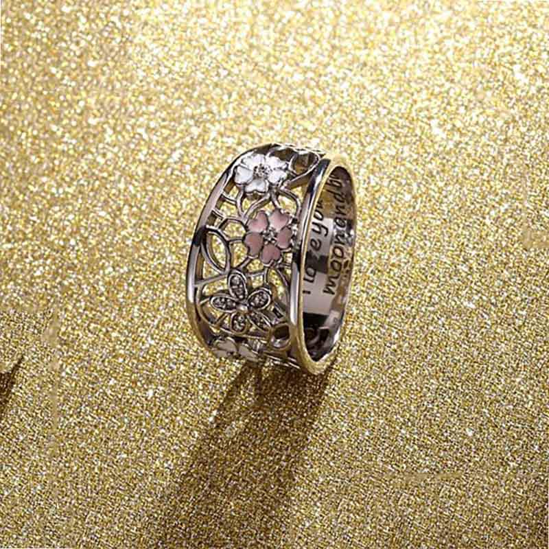 Sapphire Flower Pink Diamond Lucky Cherry Blossom 4 Leaves Clover Ring Eternity