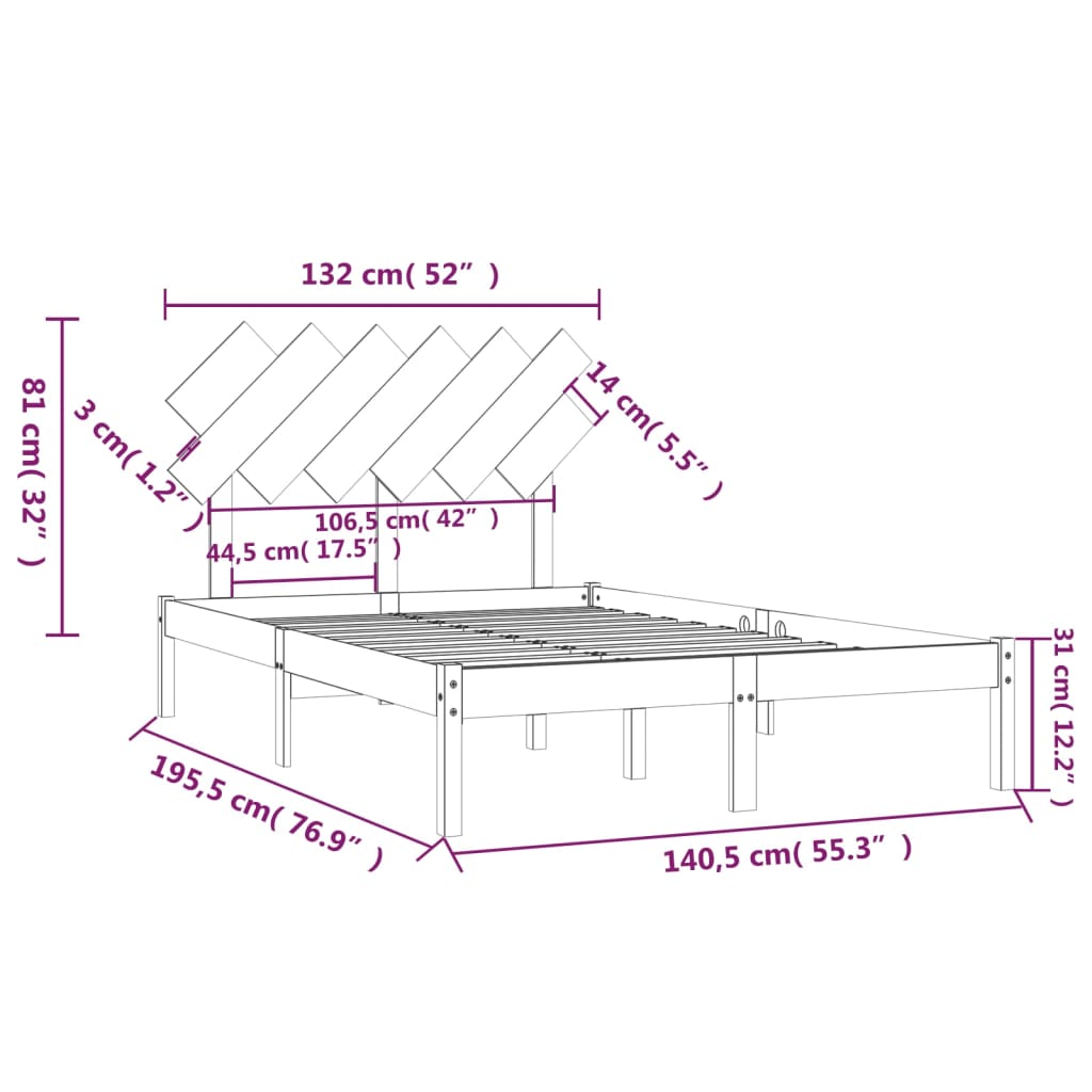 Solid Wood Bed 135 x 190 cm