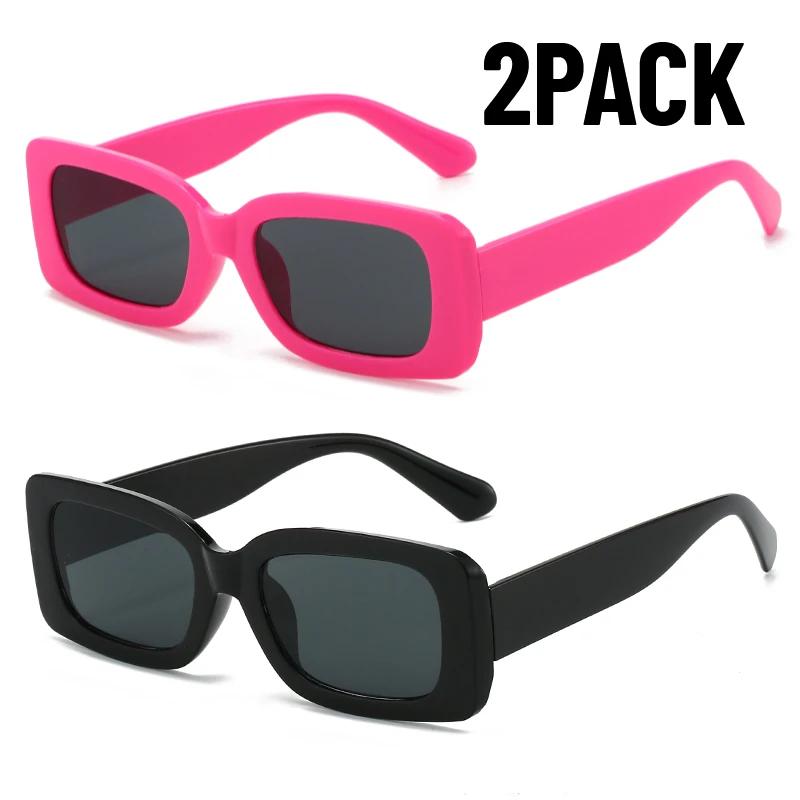2Pack Fashion Black Square Sunglasses Men Rectangle Small Sun Glasses Male Retro Black Lens Driving Fishing  Uv400