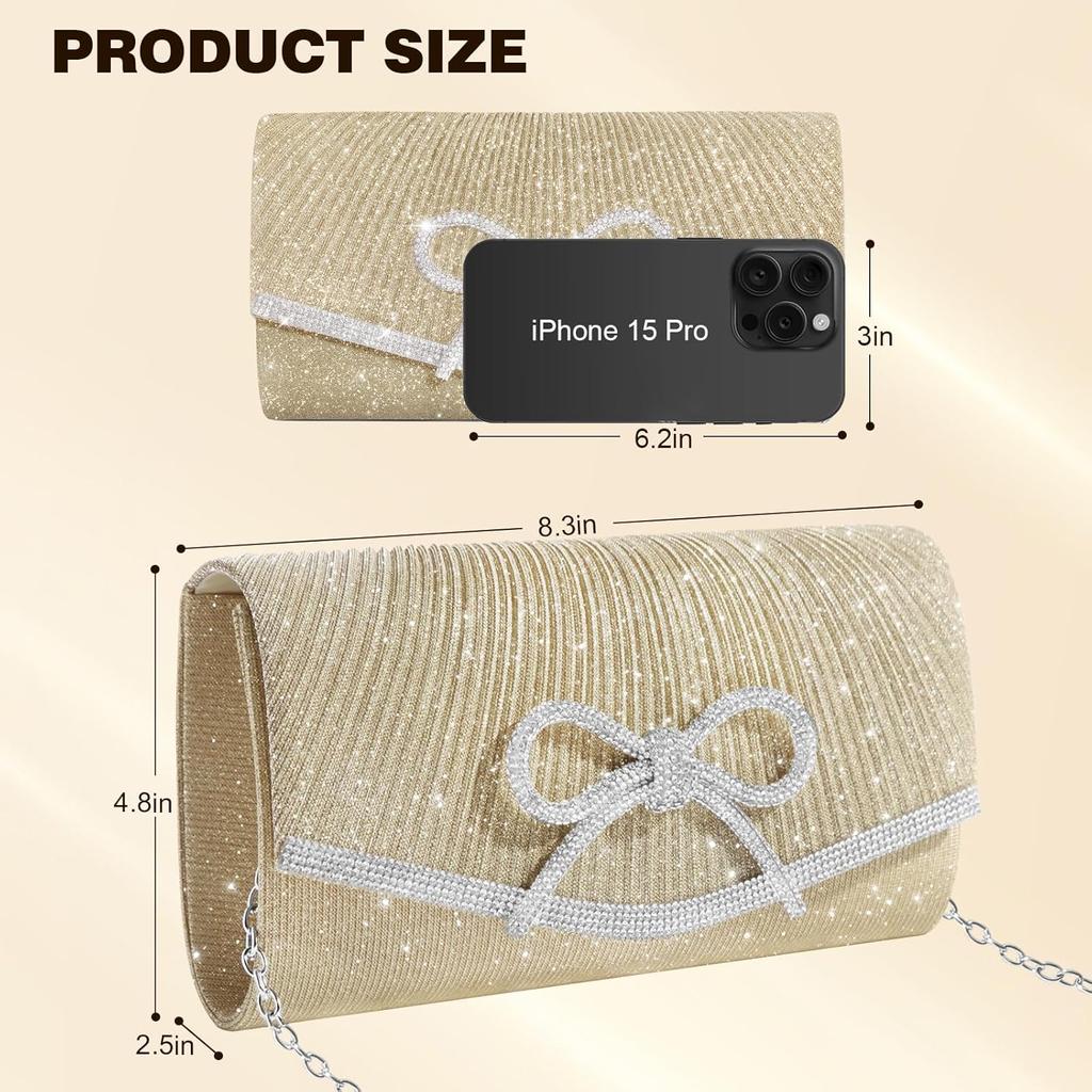Evening Bag Clutch Purses for Women,Sparkly Bow Handbags Crossbody Bag Wedding Bag Glitter Rhinestone Party