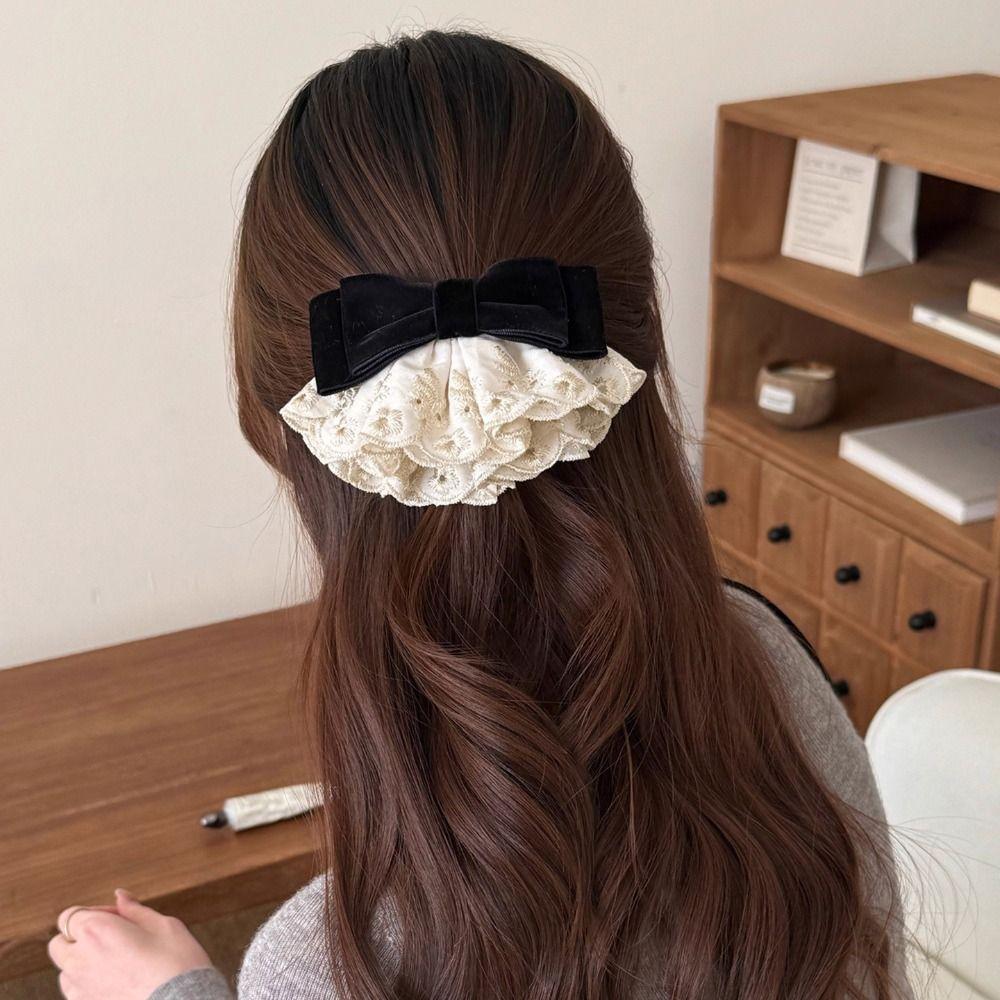Cloth Red Velvet Bow Hair Clip Wine Red Lace Bow Hairpin Bowknot Spring Clip Autumn and Winter