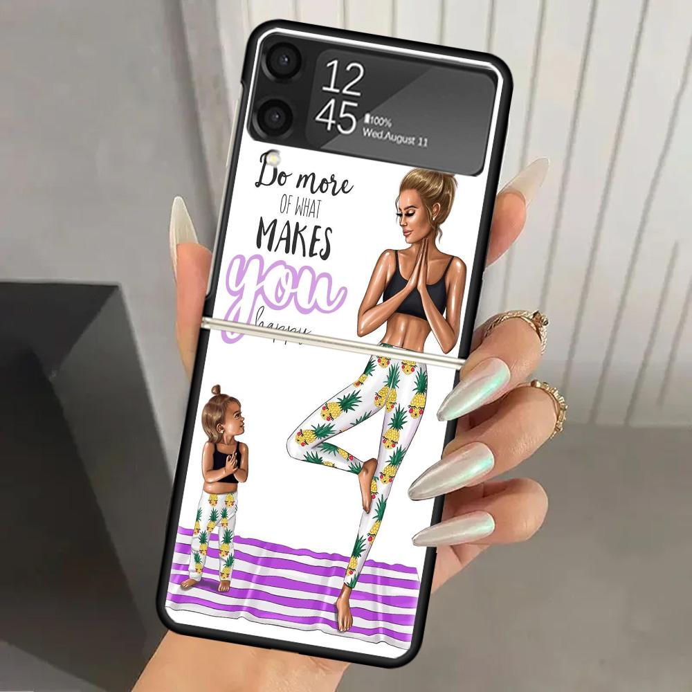 Mom Baby Girls Hard PC Phone Case For Samsung Galaxy Z Flip 6 5 4 3 Black Cover ZFlip6 Flip5 Flip4 5G Foldable Print Cases